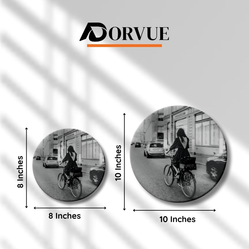 Girl Riding Bicycle Monochrome Decorative Wall Plate