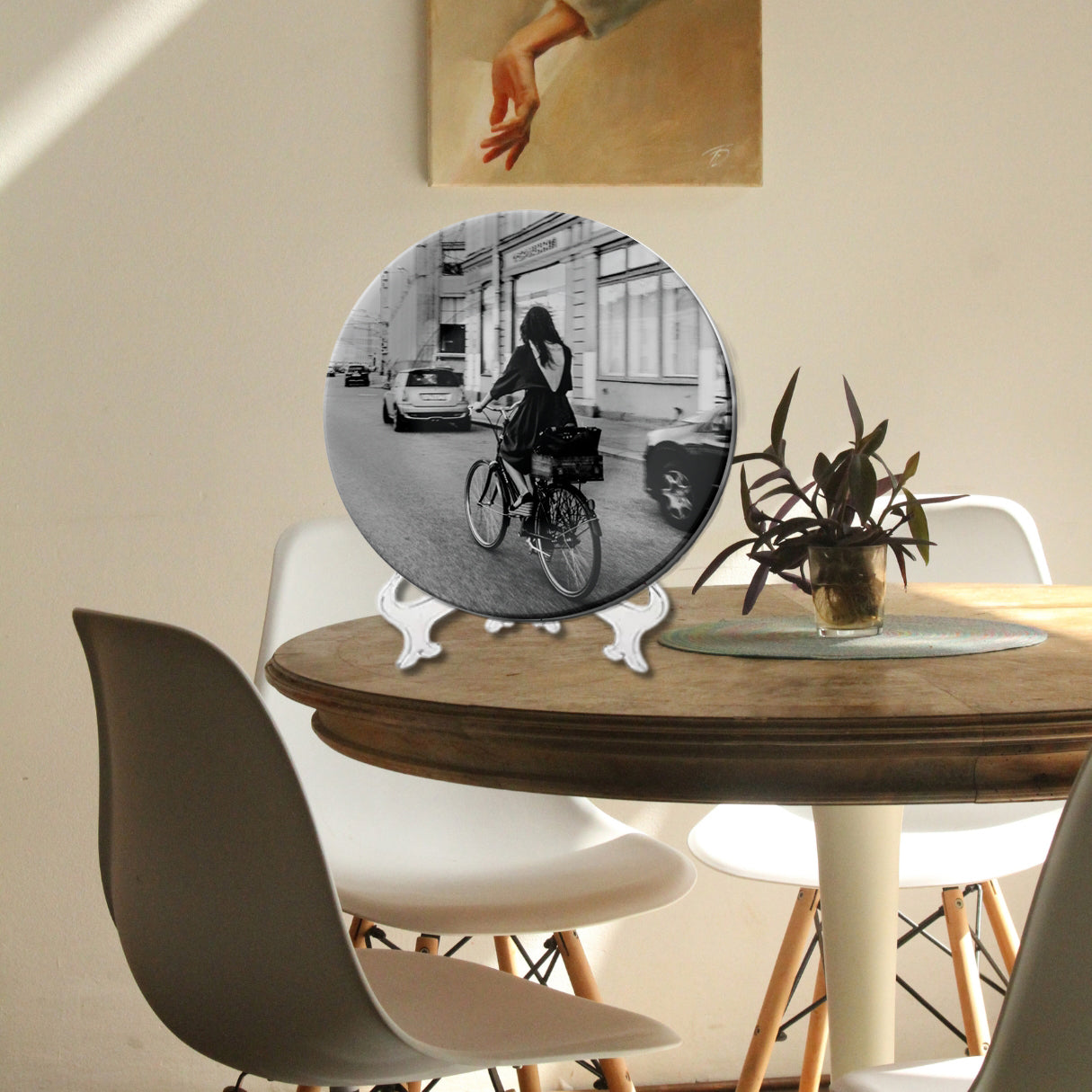 Girl Riding Bicycle Monochrome Decorative Wall Plate