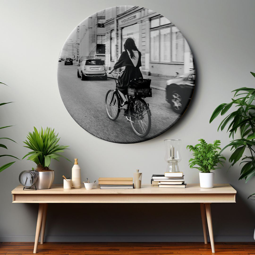 Girl Riding Bicycle Monochrome Decorative Wall Plate