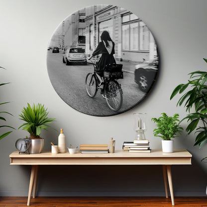 Girl Riding Bicycle Monochrome Decorative Wall Plate