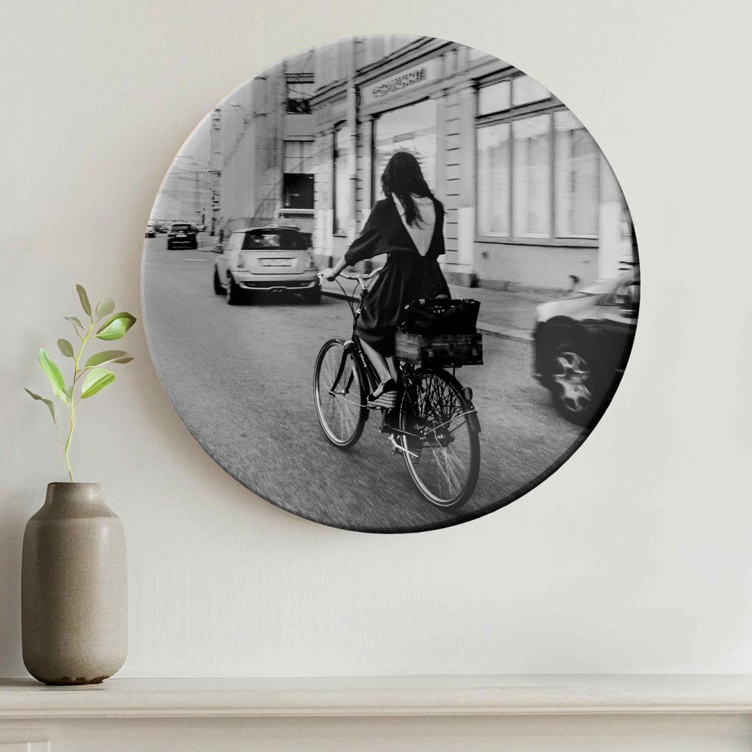 Girl Riding Bicycle Monochrome Decorative Wall Plate