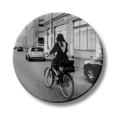 Girl Riding Bicycle Monochrome Decorative Wall Plate