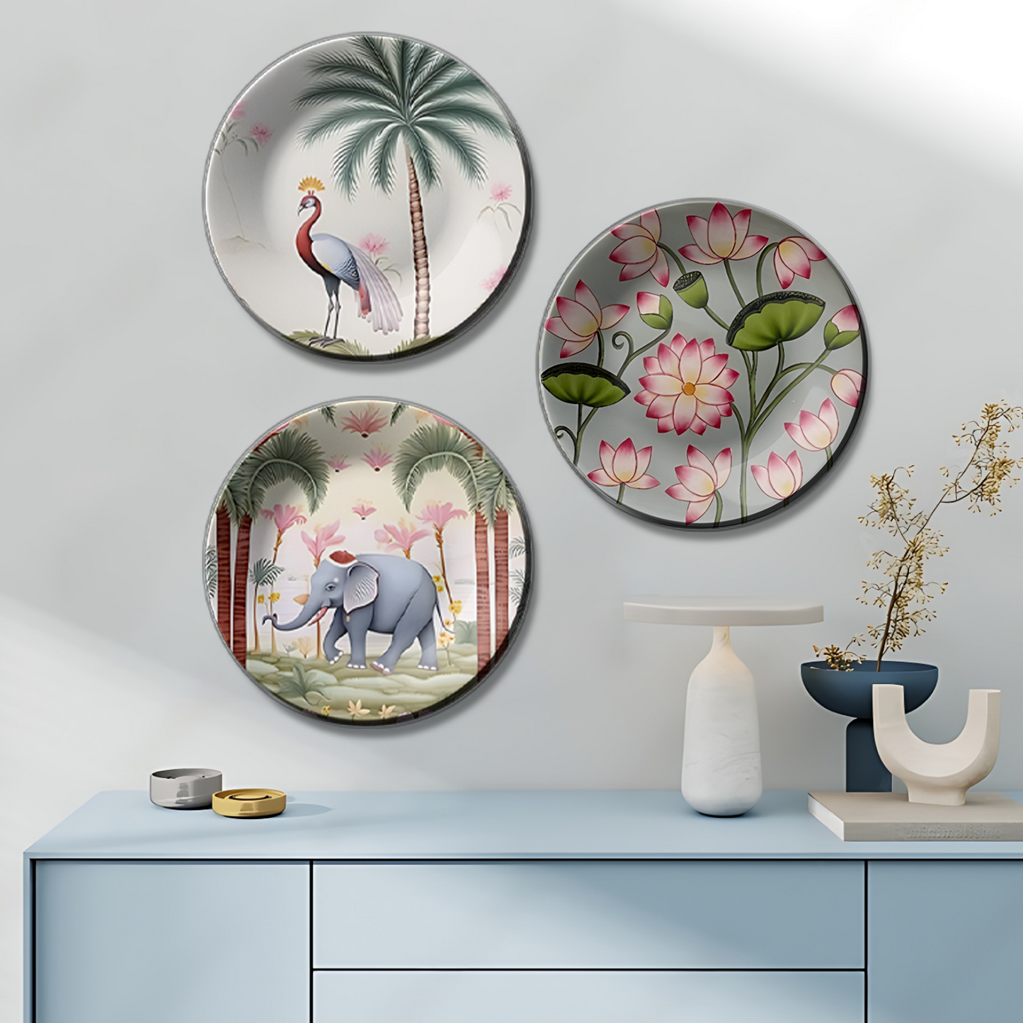 Set of 3 Elephant, Lotus, Peacock Nature Ceramic Decorative Wall Plates Home Décor
