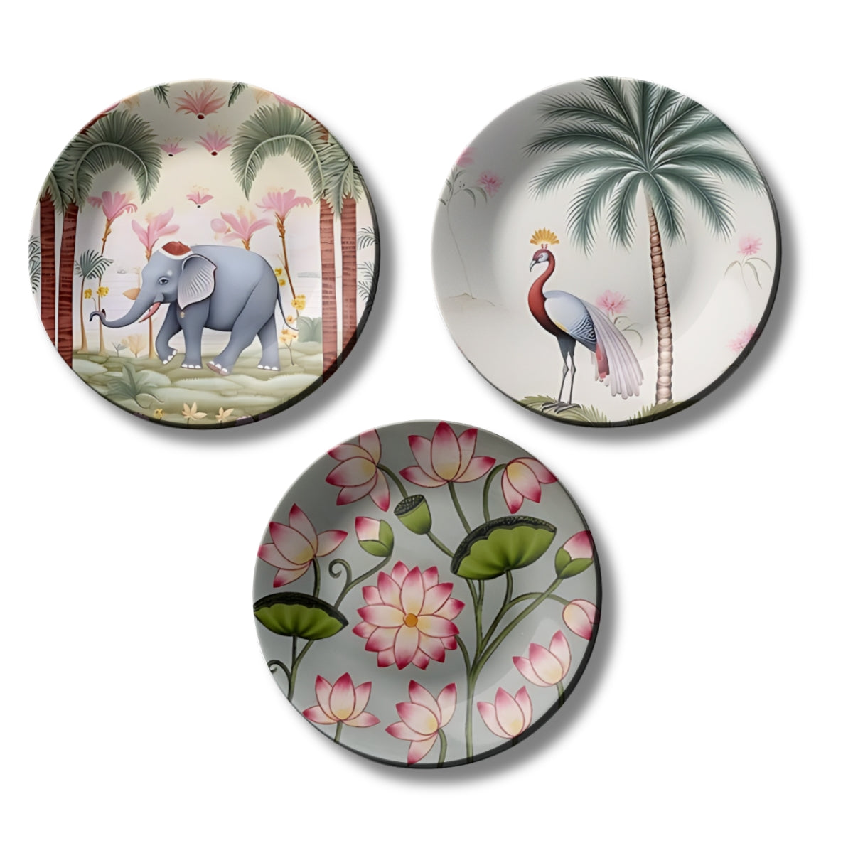 Set of 3 Elephant, Lotus, Peacock Nature Ceramic Decorative Wall Plates Home Décor