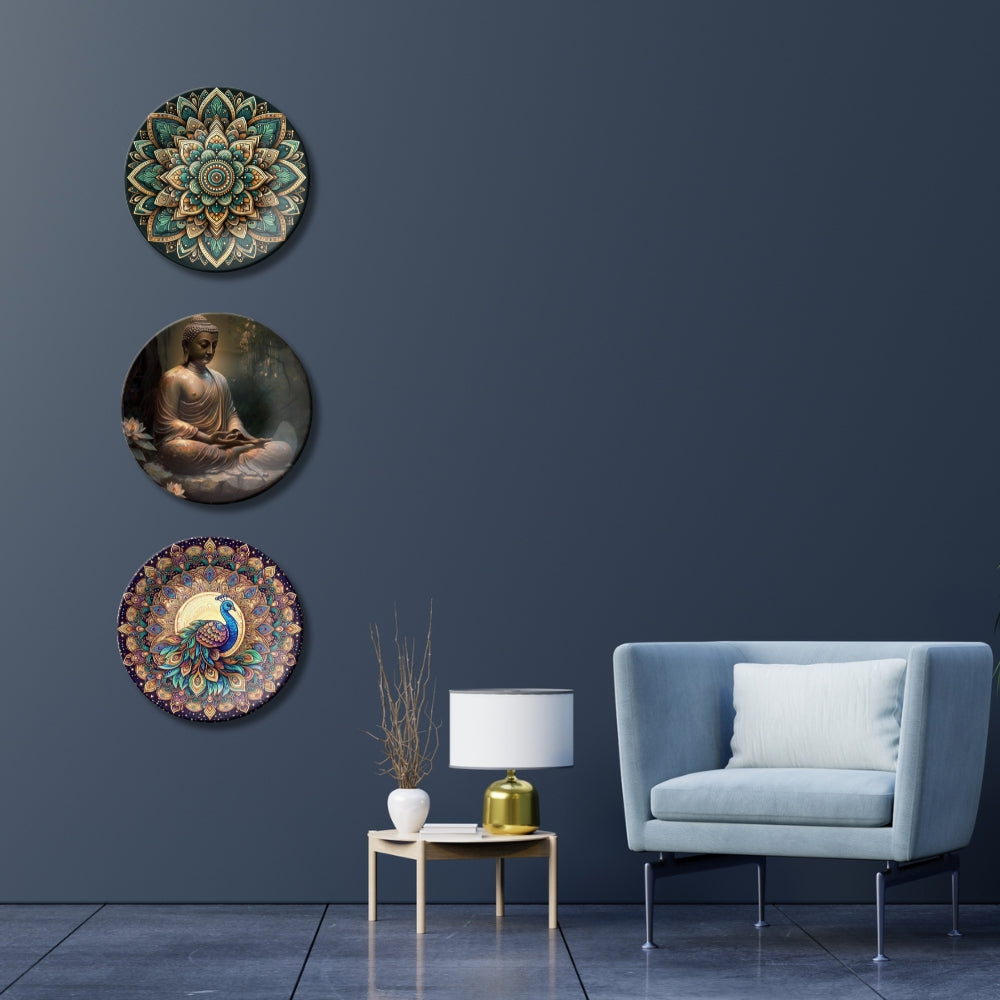 Set of 3 Peacock Whispers Buddha Home Décor Wall Plates