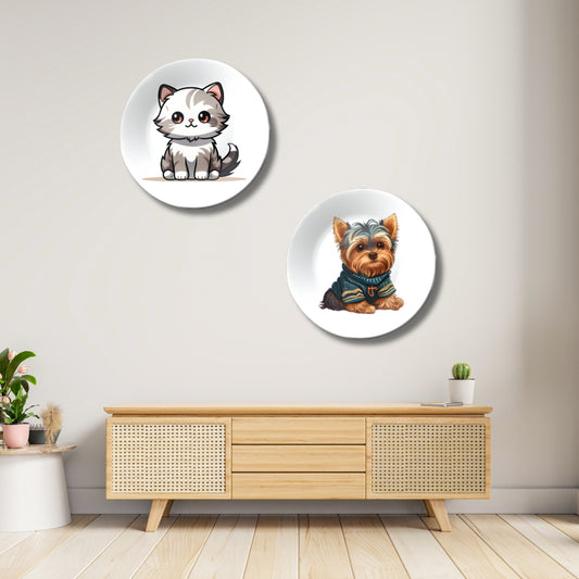 Set of 2 Furry Friends Cat and Dog Home Décor Wall Plates