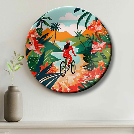 Women Riding Bicycle Ceramic Wall Plate Home Décor