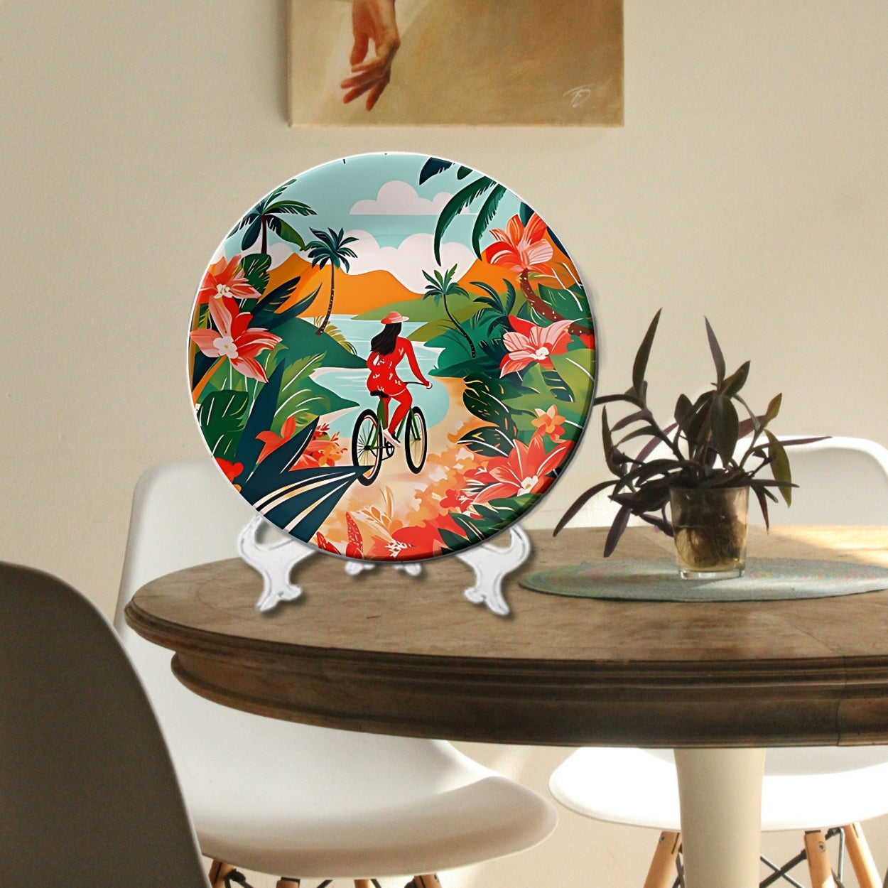 Women Riding Bicycle Ceramic Wall Plate Home Décor