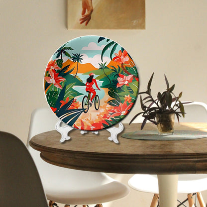 Women Riding Bicycle Ceramic Wall Plate Home Décor