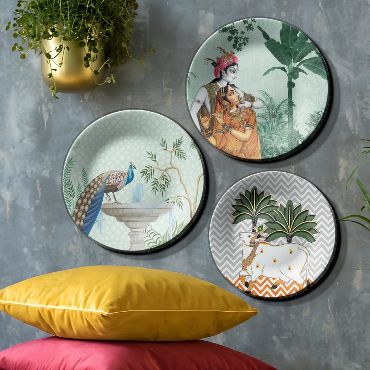 Set of 3 Radha Krishna Ceramic Decorative Wall Plates Décor