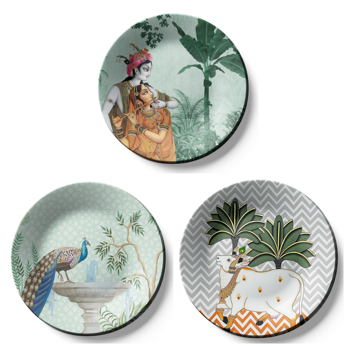 Set of 3 Radha Krishna Ceramic Decorative Wall Plates Décor