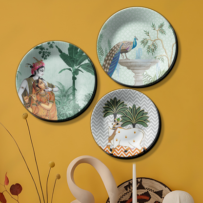 Set of 3 Radha Krishna Ceramic Decorative Wall Plates Décor