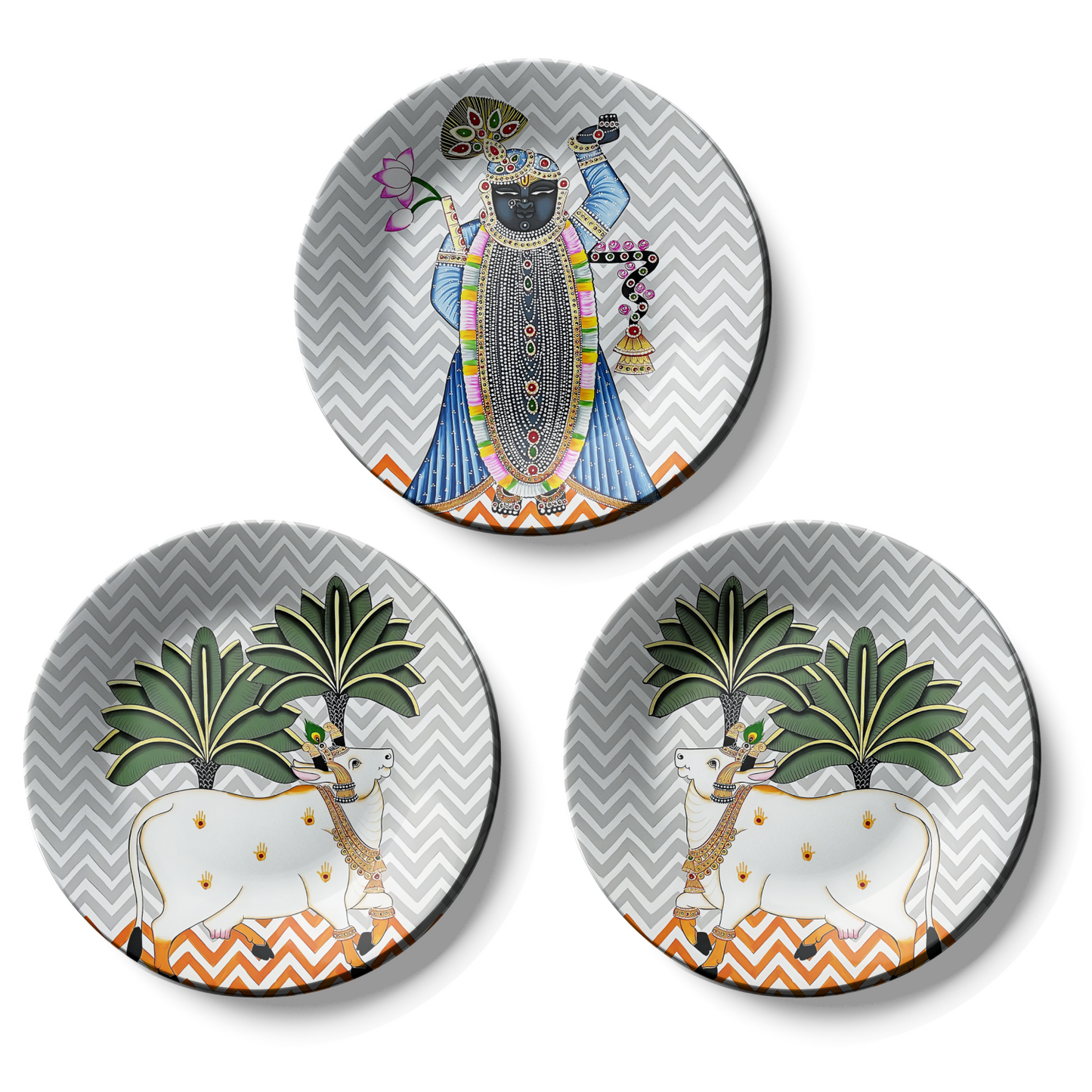 Set of 3 Cow and Shrinath Ji Pichwai Decorative Wall Plates