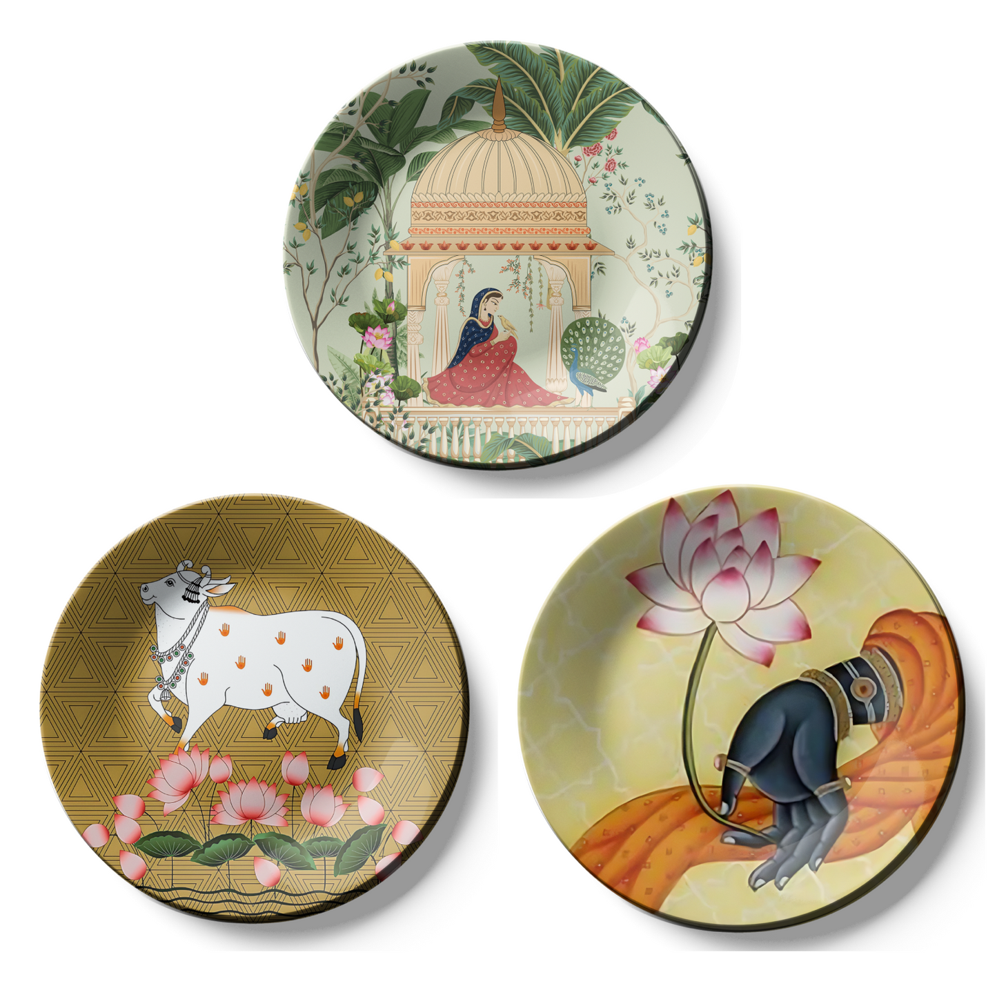 Set of 3 Lotus & Nature Pichwai Art Ceramic Decorative Wall Plates Hanging