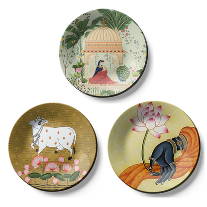 Set of 3 Lotus & Nature Pichwai Art Ceramic Decorative Wall Plates Hanging