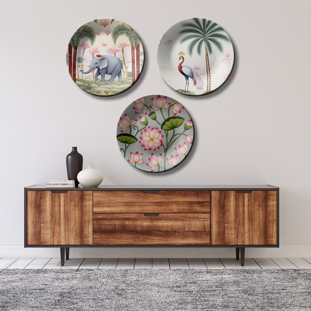 Set of 3 Elephant, Lotus, Peacock Nature Ceramic Decorative Wall Plates Home Décor