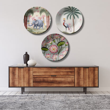 Set of 3 Elephant, Lotus, Peacock Nature Ceramic Decorative Wall Plates Home Décor