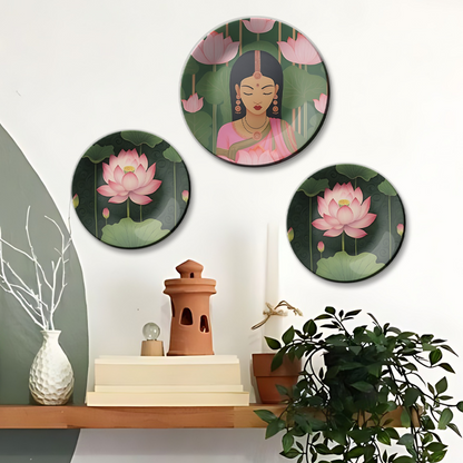 Set of 3 Lotus Goddess Ceramic Decorative Wall Plates Décor