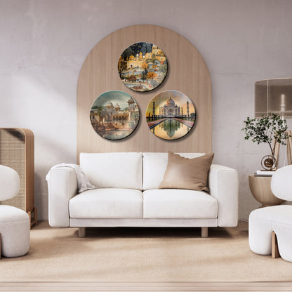 Set of 3 Ancient Indian Structure Wall Plates Décor