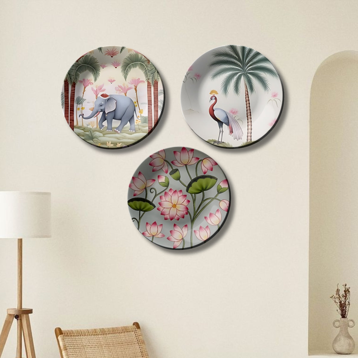 Set of 3 Elephant, Lotus, Peacock Nature Ceramic Decorative Wall Plates Home Décor