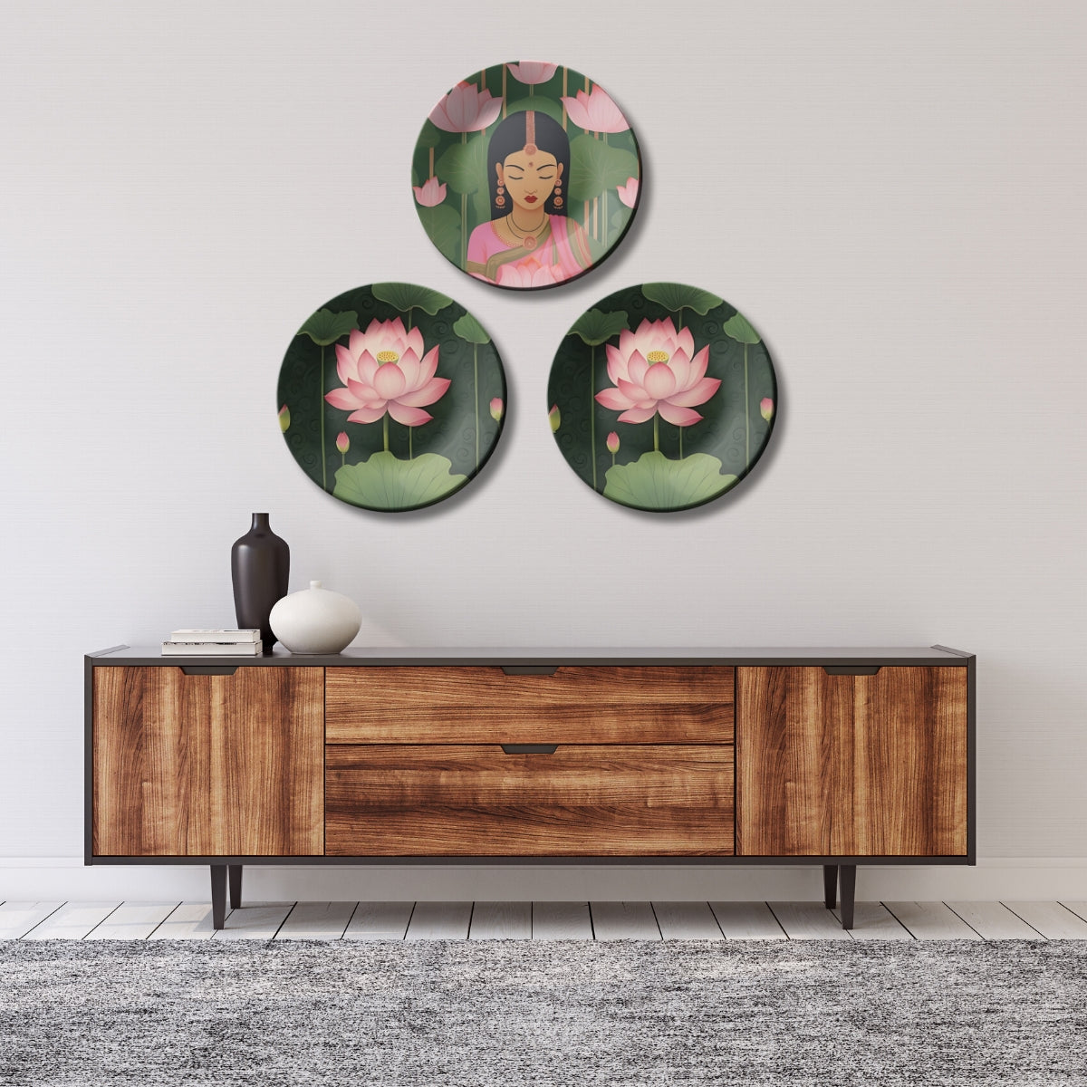 Set of 3 Lotus Goddess Ceramic Decorative Wall Plates Décor