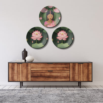 Set of 3 Lotus Goddess Ceramic Decorative Wall Plates Décor
