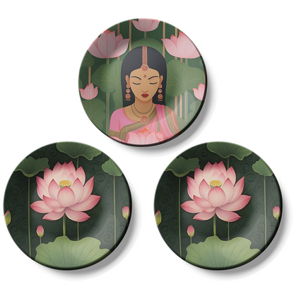 Set of 3 Lotus Goddess Ceramic Decorative Wall Plates Décor