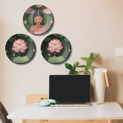 Set of 3 Lotus Goddess Ceramic Decorative Wall Plates Décor