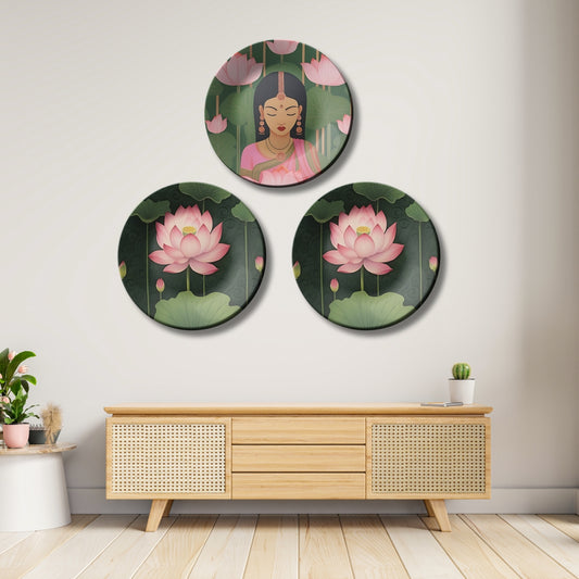Set of 3 Lotus Goddess Ceramic Decorative Wall Plates Décor
