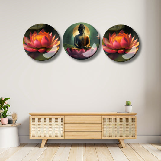 Set of 3 Meditating Buddha and Lotus Home Décor Wall Plates