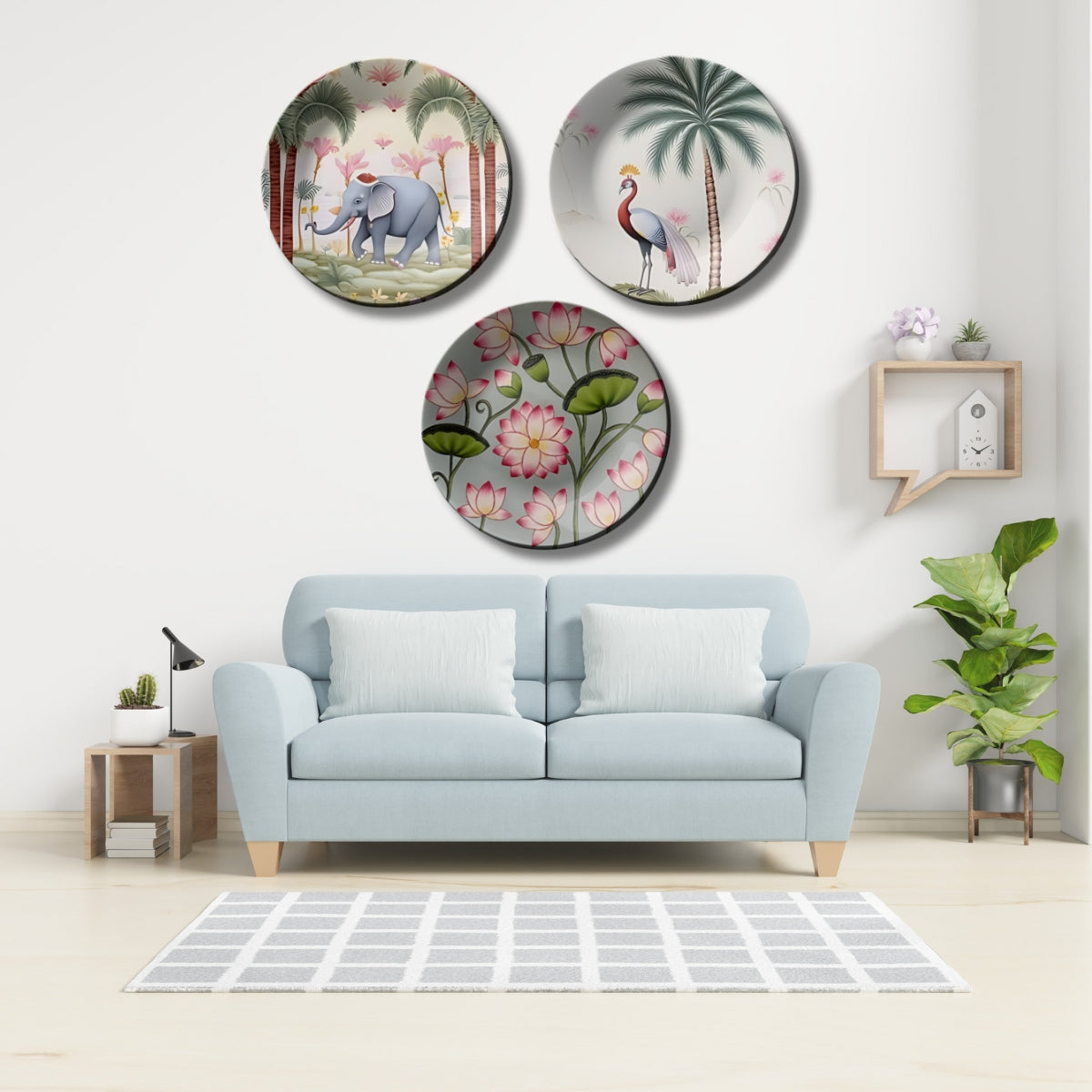 Set of 3 Elephant, Lotus, Peacock Nature Ceramic Decorative Wall Plates Home Décor