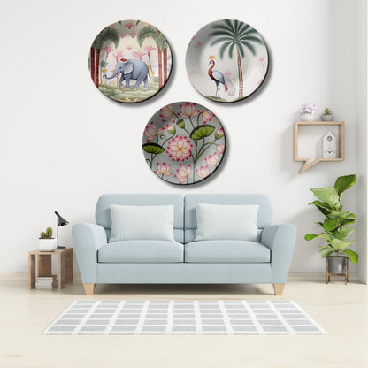 Set of 3 Elephant, Lotus, Peacock Nature Ceramic Decorative Wall Plates Home Décor
