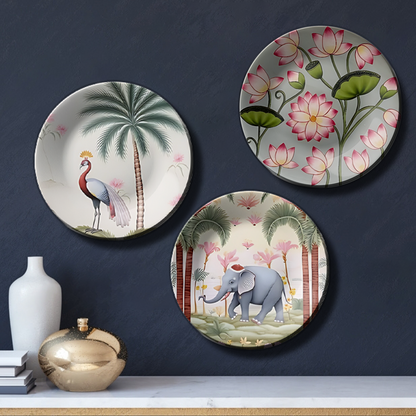 Set of 3 Elephant, Lotus, Peacock Nature Ceramic Decorative Wall Plates Home Décor