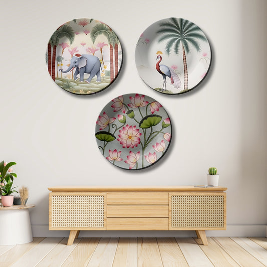 Set of 3 Elephant, Lotus, Peacock Nature Ceramic Decorative Wall Plates Home Décor