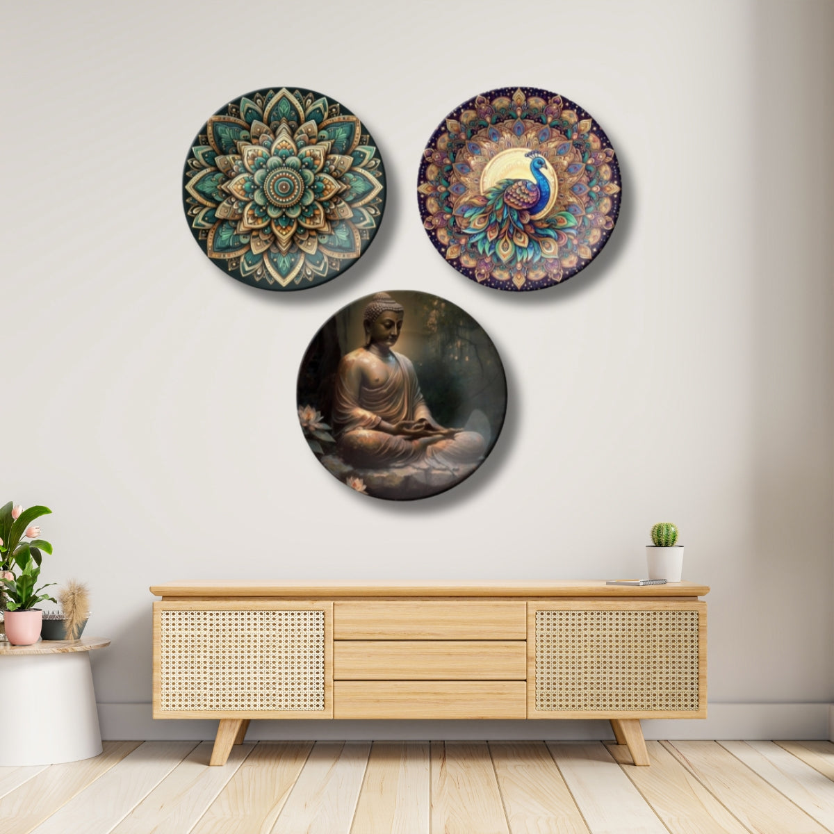 Set of 3 Peacock Whispers Buddha Home Décor Wall Plates
