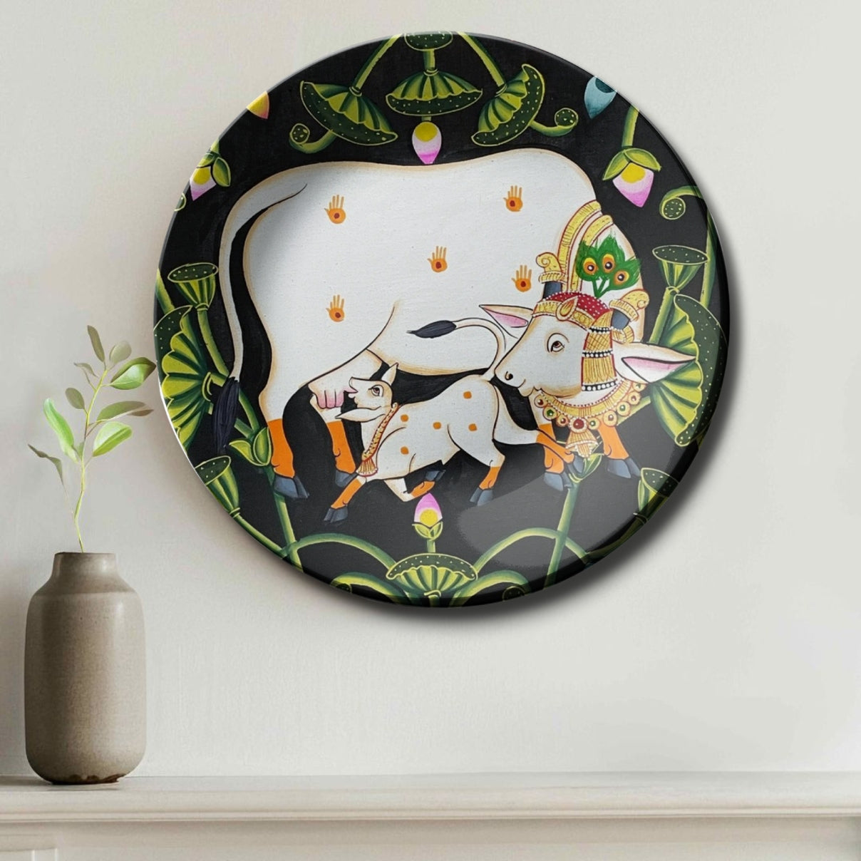 Cow and Calf Pichwai Wall Plate Vastu Home Décor
