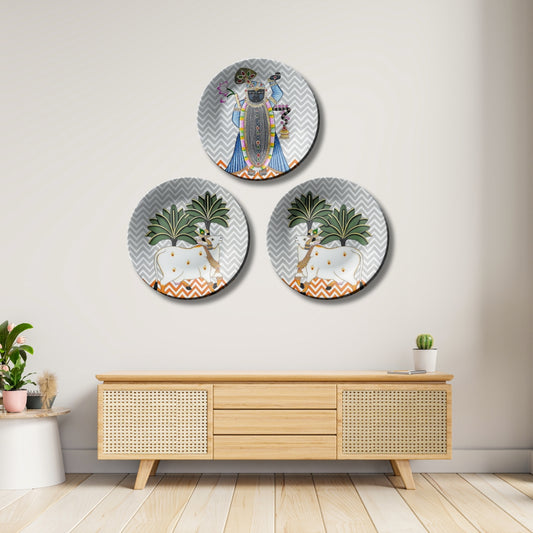 Set of 3 Cow and Shrinath Ji Pichwai Decorative Wall Plates