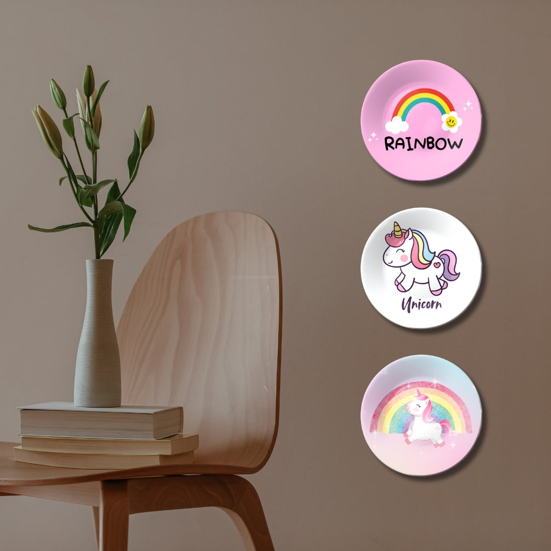 Set of 3 Rainbow and Unicorn Kids Room Décor Wall Plates