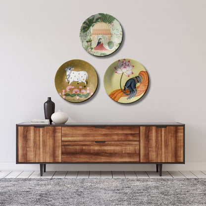 Set of 3 Lotus & Nature Pichwai Art Ceramic Decorative Wall Plates Hanging