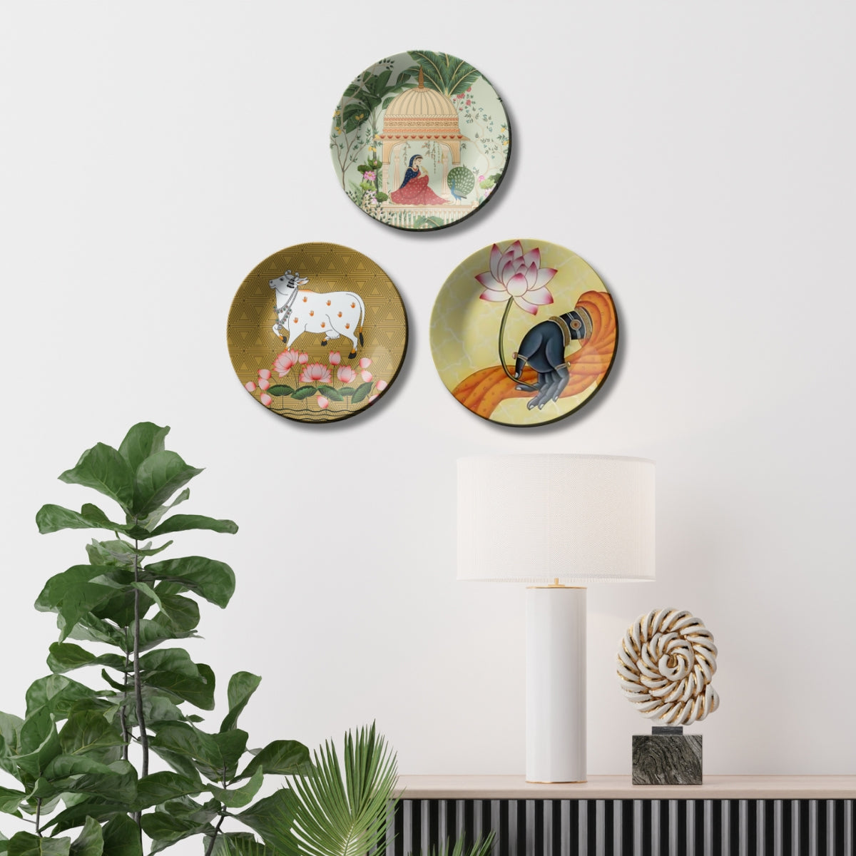 Set of 3 Lotus & Nature Pichwai Art Ceramic Decorative Wall Plates Hanging