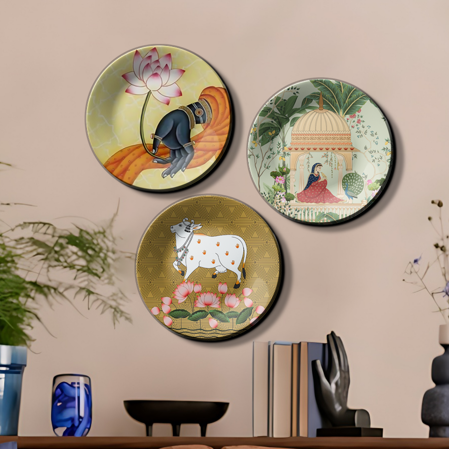 Set of 3 Lotus & Nature Pichwai Art Ceramic Decorative Wall Plates Hanging