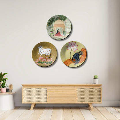 Set of 3 Lotus & Nature Pichwai Art Ceramic Decorative Wall Plates Hanging