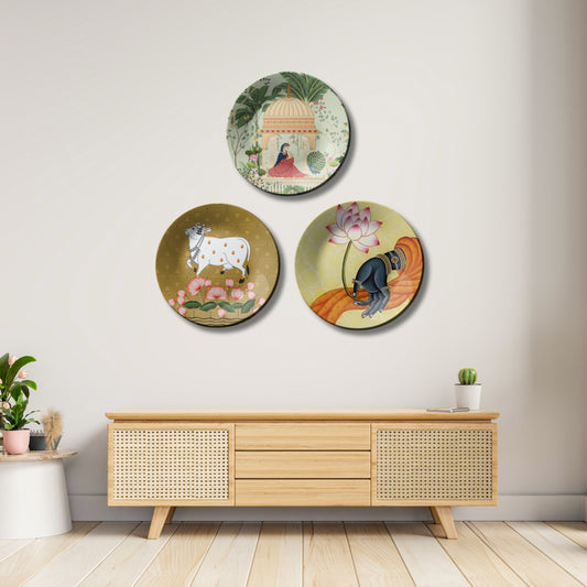 Set of 3 Lotus & Nature Pichwai Art Ceramic Decorative Wall Plates Hanging